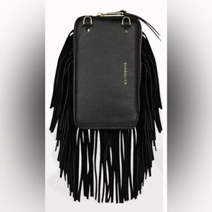 Bandolier Black Leather Expandable Zippered Pouch with Fringe OS